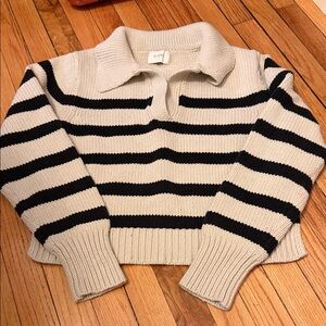 DISSH Cream and Black Striped V-Neck Sweater